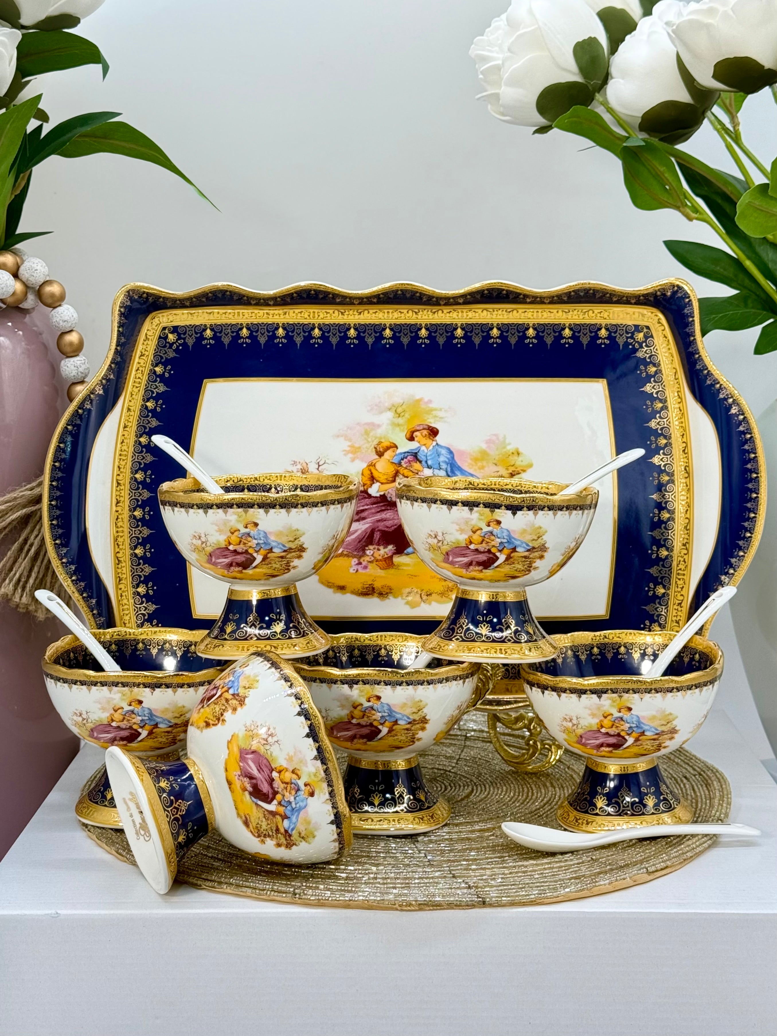 Limoges Romeo & Juliet Ice Cream Cups (6 Pieces) & Tray